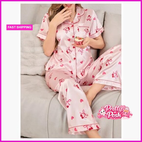 Women's Satin Pajama Set Button Down Short Sleeve Pants Sleepwear - Picture 4 of 6